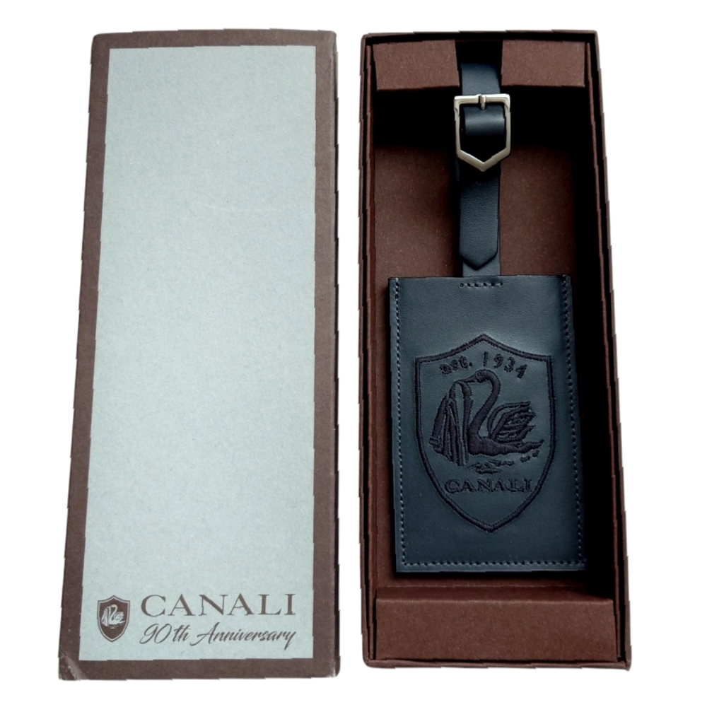 CANALI Black Leather Luggage Name Tag Authentic New In Box